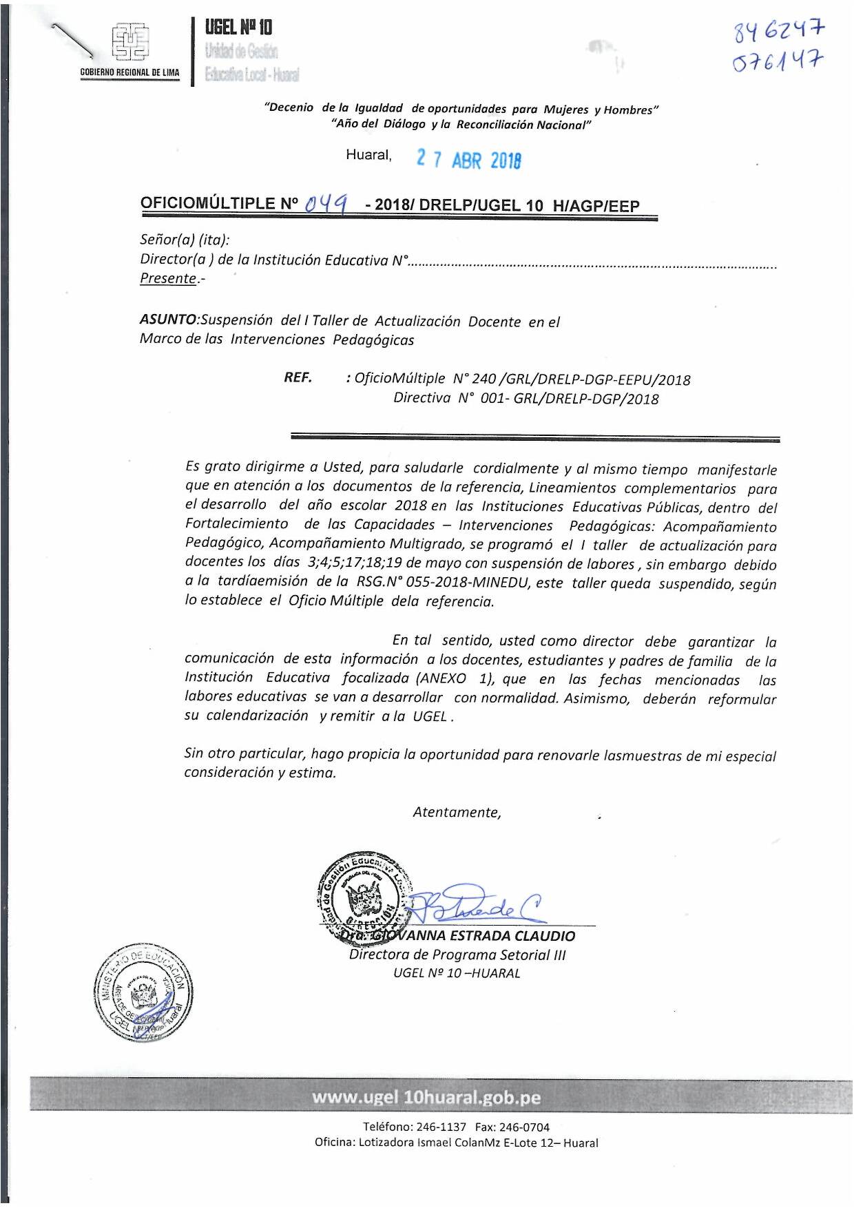 Oicio Multiple N°049-2018/DRELP/UGEL10 H/AGP/EEP